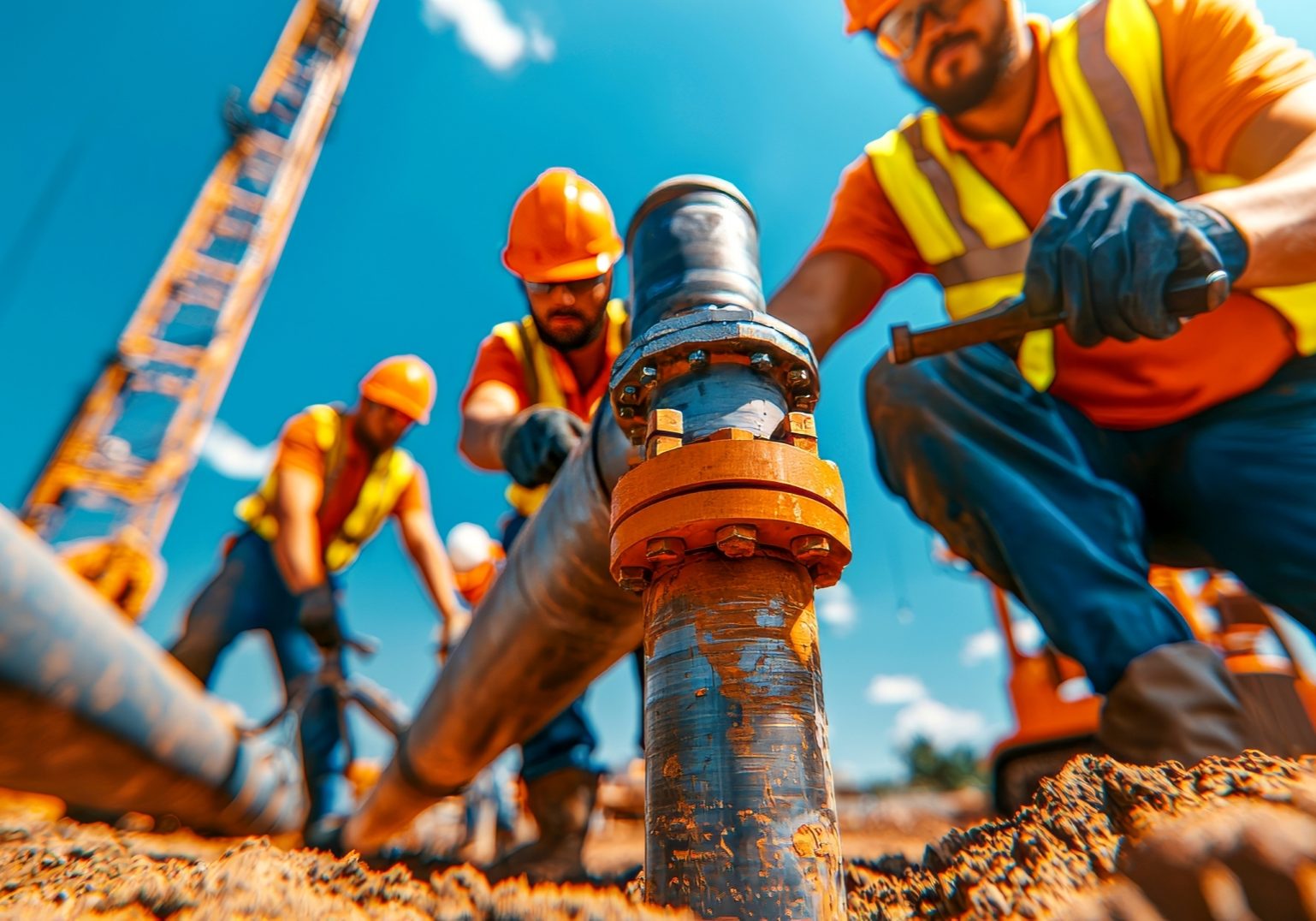 A realistic outdoor repair scene showing a team of workers fixing a large underground water pipe using high-quality ductile iron fittings. The scene includes technicians wearing safety vests and helmets, working with specialized tools to connect ductile iron pipe sections with flanged joints, gate valves, and other fittings. The environment should reflect a construction site with freshly dug earth, machinery in the background, and pipes laid out for installation. The focus should be on the workers and the fittings, showing durability and reliability in the harsh outdoor conditions, with a clear emphasis on the quality of the materials used." --ar 16:9 --quality 2 --style raw --personalize b2v5cfn --stylize 900 --v 6.1 Job ID: d7efbb05-7a3f-4130-8b26-0c08cdd3ef67