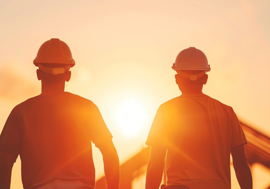 Silhouettes of three construction workers against a sunset.